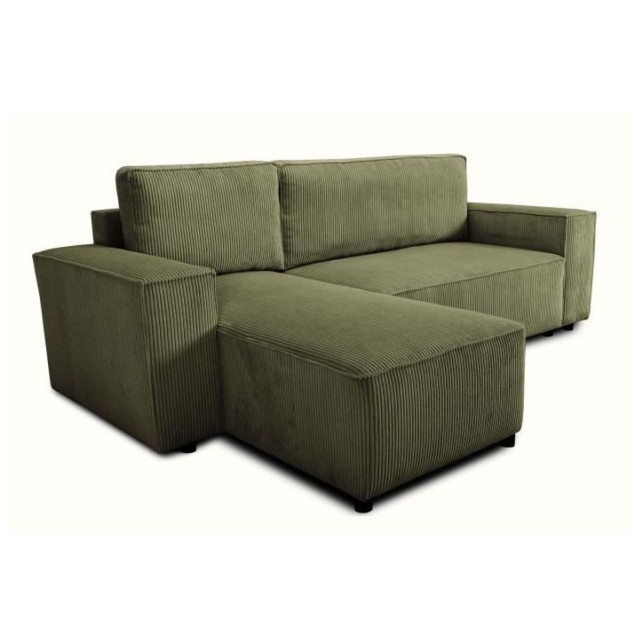 Canapé d'angle convertible réversible - 4 places - JOSH - Tissu velours cotelé - Kaki - Coffre - 242 x 155 x 86 cm Canapé d'angle convertible réversible - 4 places - JOSH - Tissu velours cotelé - Kaki - Coffre - 242 x 155 x 86 cm