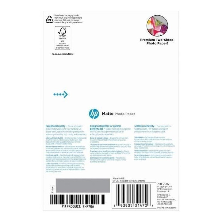 Papier photo mat HP - 180 g/m2 - 10 x 15 cm - 25 feuilles (7HF70A) Papier photo mat HP - 180 g/m2 - 10 x 15 cm - 25 feuilles (7HF70A)