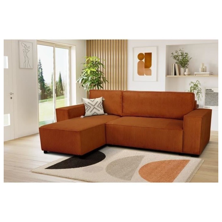 Canapé d'angle convertible réversible - 4 places - JOSH - Tissu velours cotelé - Terracotta - Coffre - 242 x 155 x 86 cm Canapé d'angle convertible réversible - 4 places - JOSH - Tissu velours cotelé - Terracotta - Coffre - 242 x 155 x 86 cm