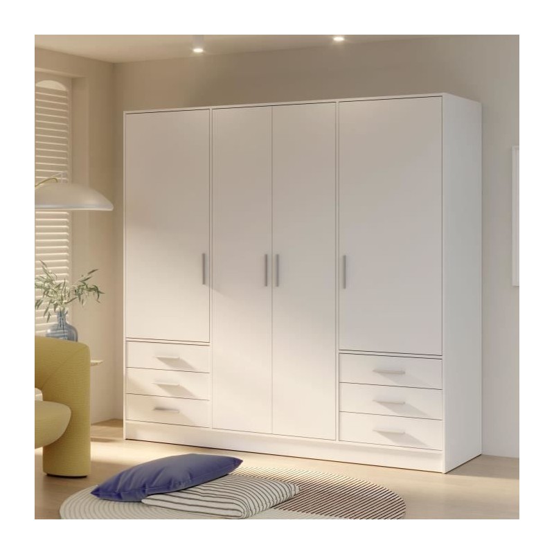 Armoire 4 portes battantes + 6 tiroirs - Bois aggloméré - Blanc mat Armoire 4 portes battantes + 6 tiroirs - Bois aggloméré - Blanc mat