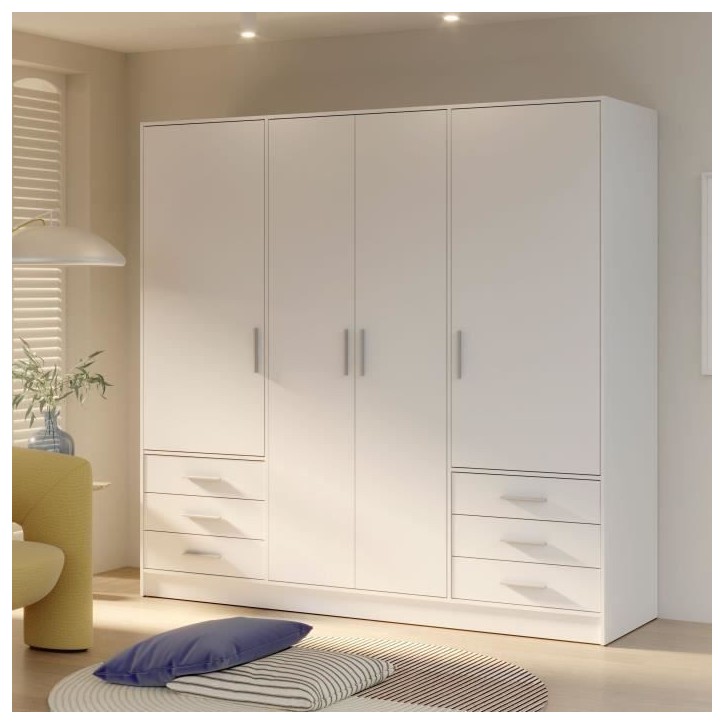 Armoire 4 portes battantes + 6 tiroirs - Bois aggloméré - Blanc mat - L 206,5 x P 60 x H 200 cm - JUPITER Armoire 4 portes battantes + 6 tiroirs - Bois aggloméré - Blanc mat - L 206,5 x P 60 x H 200 cm - JUPITER