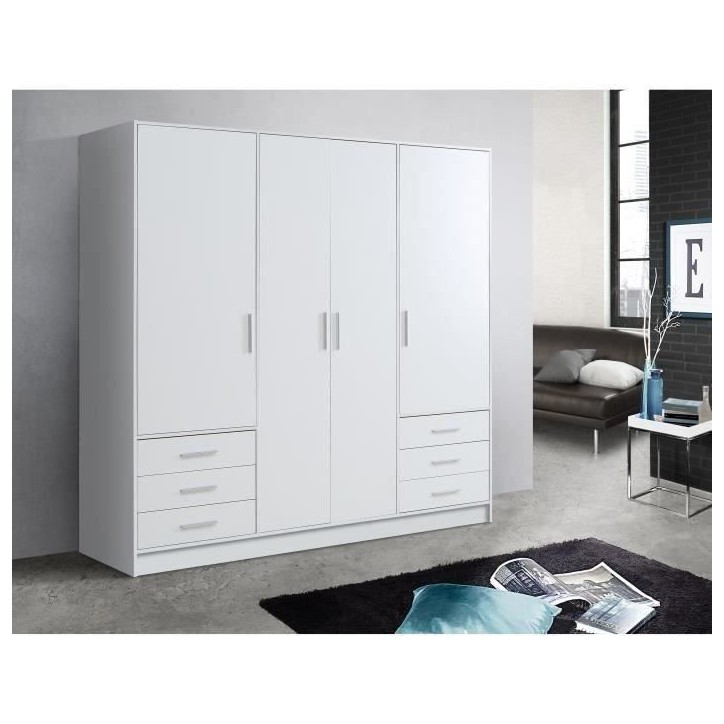 Armoire 4 portes battantes + 6 tiroirs - Bois aggloméré - Blanc mat - L 206,5 x P 60 x H 200 cm - JUPITER Armoire 4 portes battantes + 6 tiroirs - Bois aggloméré - Blanc mat - L 206,5 x P 60 x H 200 cm - JUPITER