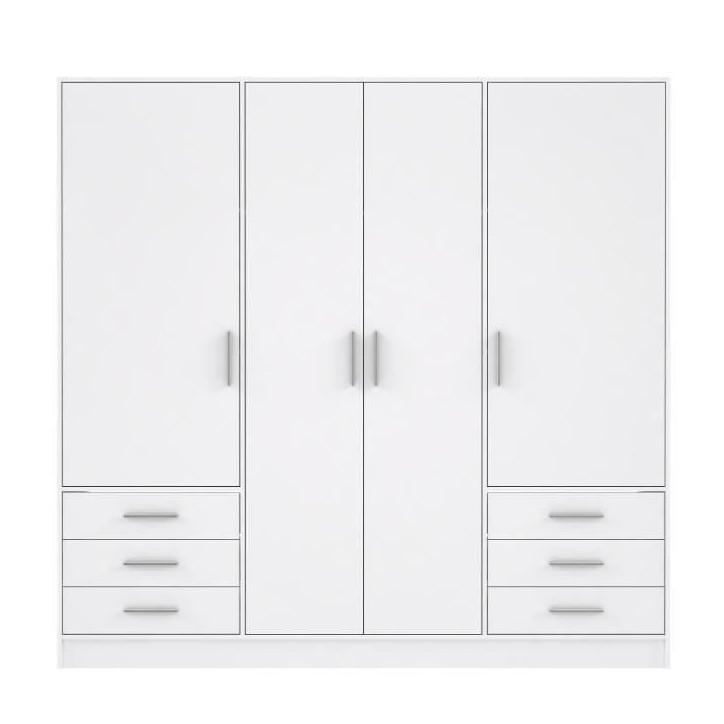 Armoire 4 portes battantes + 6 tiroirs - Bois aggloméré - Blanc mat - L 206,5 x P 60 x H 200 cm - JUPITER Armoire 4 portes battantes + 6 tiroirs - Bois aggloméré - Blanc mat - L 206,5 x P 60 x H 200 cm - JUPITER