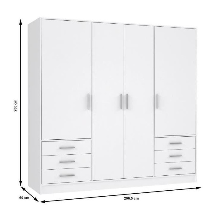 Armoire 4 portes battantes + 6 tiroirs - Bois aggloméré - Blanc mat - L 206,5 x P 60 x H 200 cm - JUPITER Armoire 4 portes battantes + 6 tiroirs - Bois aggloméré - Blanc mat - L 206,5 x P 60 x H 200 cm - JUPITER