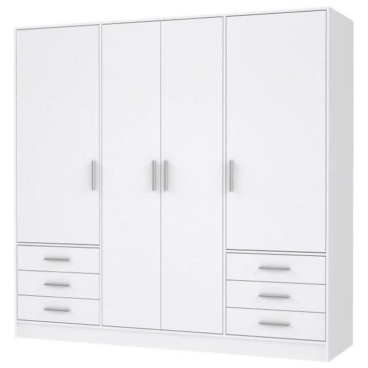 Armoire 4 portes battantes + 6 tiroirs - Bois aggloméré - Blanc mat - L 206,5 x P 60 x H 200 cm - JUPITER Armoire 4 portes battantes + 6 tiroirs - Bois aggloméré - Blanc mat - L 206,5 x P 60 x H 200 cm - JUPITER