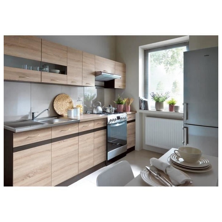 JUNONA Cuisine complete 2m40 - 7 éléments - Décor chene sonoma - plan de travail inclus