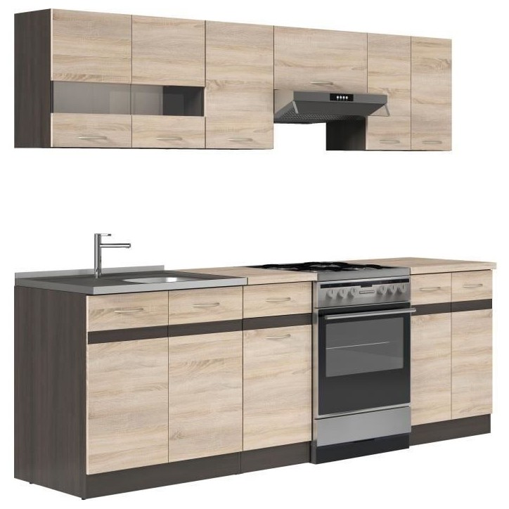 JUNONA Cuisine complete 2m40 - 7 éléments - Décor chene sonoma - plan de travail inclus