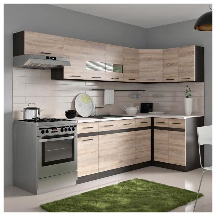 JUNONA Cuisine d'angle complete et plan de travail L 3m40 - Angle réversible - Décor chene sonoma - plan de travail inclus JUNONA Cuisine d'angle complete et plan de travail L 3m40 - Angle réversible - Décor chene sonoma - plan de travail inclus