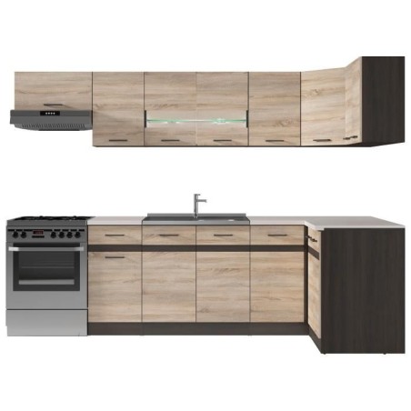 JUNONA Cuisine d'angle complete et plan de travail L 3m40 - Angle réversible - Décor chene sonoma - plan de travail inclus