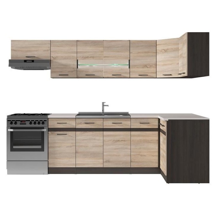JUNONA Cuisine d'angle complete et plan de travail L 3m40 - Angle réversible - Décor chene sonoma - plan de travail inclus JUNONA Cuisine d'angle complete et plan de travail L 3m40 - Angle réversible - Décor chene sonoma - plan de travail inclus