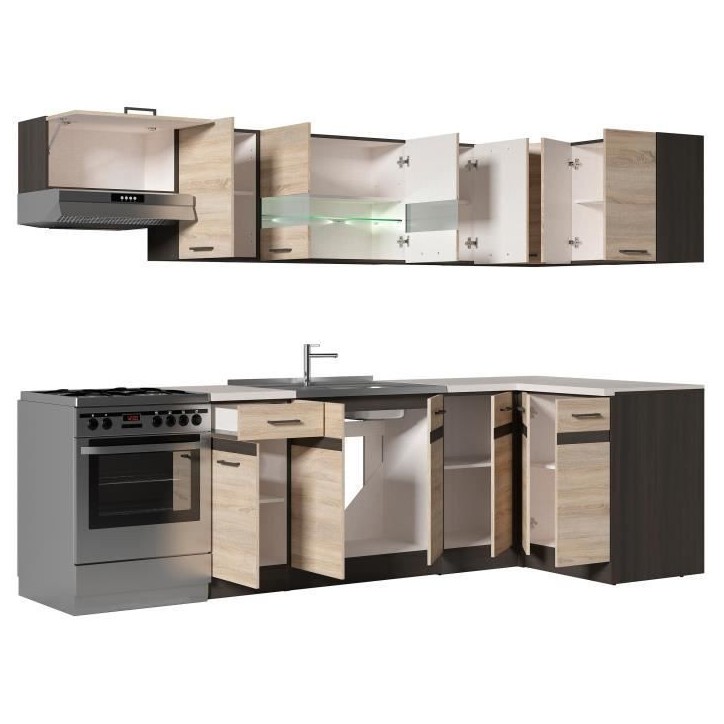 JUNONA Cuisine d'angle complete et plan de travail L 3m40 - Angle réversible - Décor chene sonoma - plan de travail inclus JUNONA Cuisine d'angle complete et plan de travail L 3m40 - Angle réversible - Décor chene sonoma - plan de travail inclus