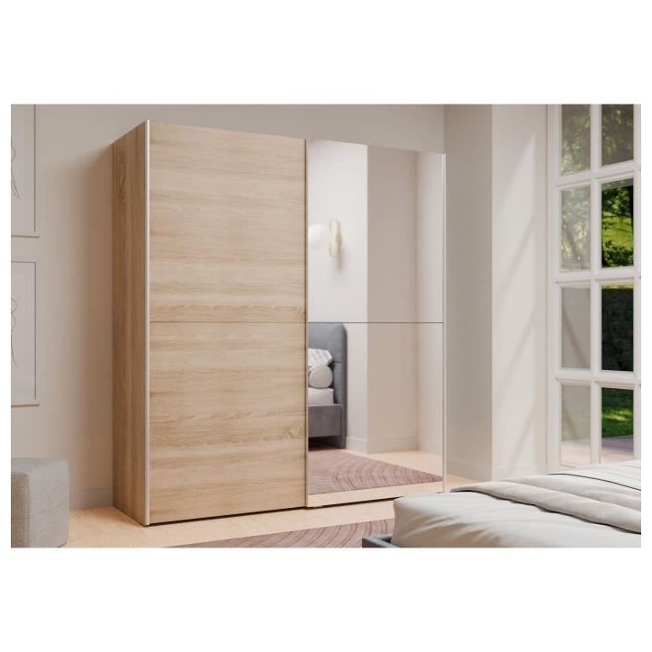 Armoire 2 portes coulissantes avec miroir - Chene sonoma - L 170,3 x P 61,2 x H 190,5 cm - ULOS Armoire 2 portes coulissantes avec miroir - Chene sonoma - L 170,3 x P 61,2 x H 190,5 cm - ULOS