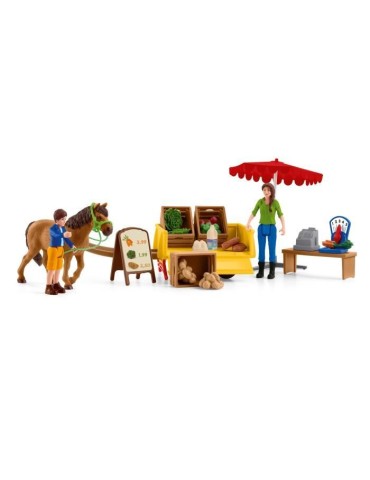 Étal mobile de la ferme, jeu de ferme avec figurines de fermiers, cheval et étal de marchandises, jouets animaux de la ferme p