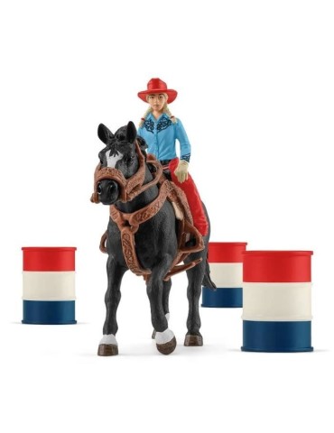 Figurine Cowgirl et Tonneaux de Racing et Cheval Schleich - Animaux de la Ferme et Accessoires Western Réalistes - Coffret 7 Pi