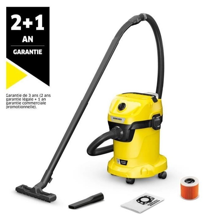 Aspirateur eau et poussieres sans fil KARCHER WD3-18 V-17/20 - Jaune et noir - Plastique - (sans batterie ni chargeur) Aspirateur eau et poussieres sans fil KARCHER WD3-18 V-17/20 - Jaune et noir - Plastique - (sans batterie ni chargeur)