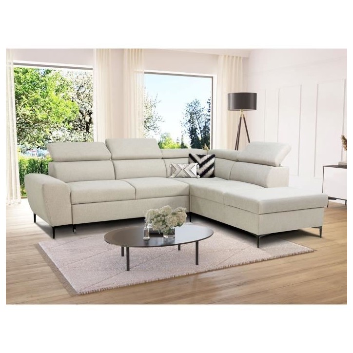 Canapé d'angle convertible réversible avec coffre - 5 places - KASIMIR - Tissu beige - 258 x 79/98 x 219 cm Canapé d'angle convertible réversible avec coffre - 5 places - KASIMIR - Tissu beige - 258 x 79/98 x 219 cm