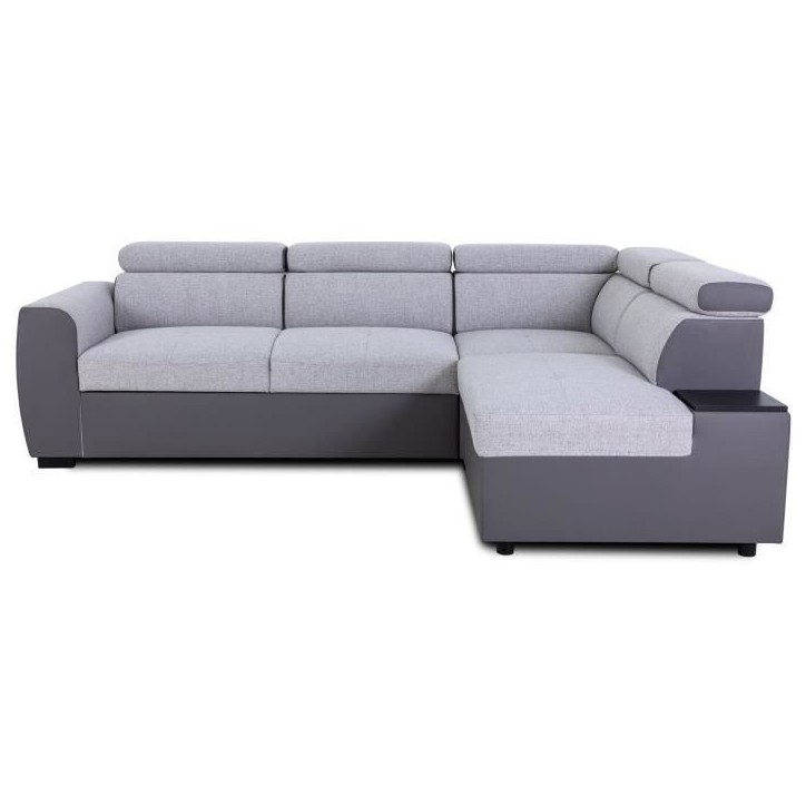 Canapé d'angle convertible réversible - 4/5 places - KELIO - Simili Anthracite / Tissu Gris - 3 tétieres - 245 x 184 x 77/87