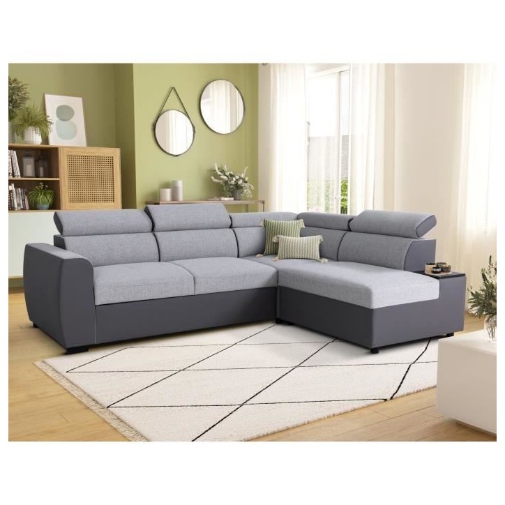 Canapé d'angle convertible réversible - 4/5 places - KELIO - Simili Anthracite / Tissu Gris - 3 tétieres - 245 x 184 x 77/87