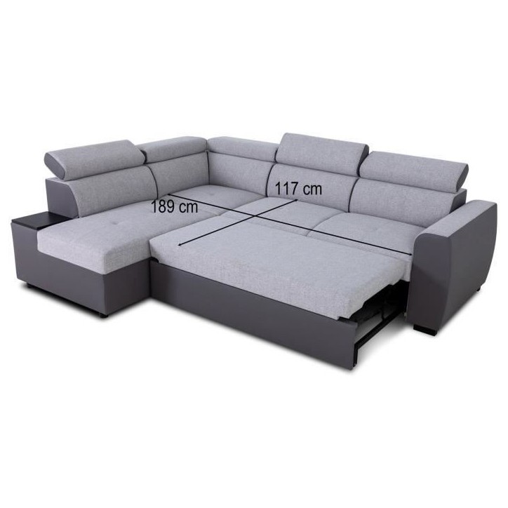 Canapé d'angle convertible réversible - 4/5 places - KELIO - Simili Anthracite / Tissu Gris - 3 tétieres - 245 x 184 x 77/87
