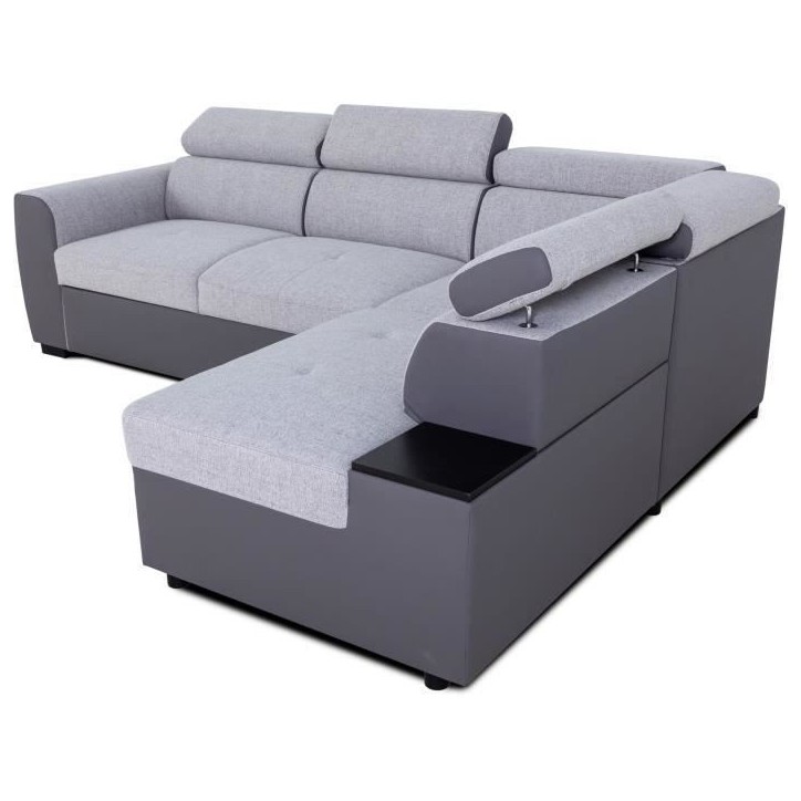 Canapé d'angle convertible réversible - 4/5 places - KELIO - Simili Anthracite / Tissu Gris - 3 tétieres - 245 x 184 x 77/87