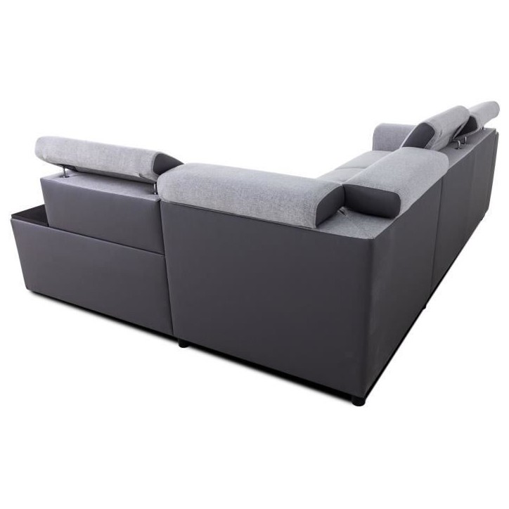 Canapé d'angle convertible réversible - 4/5 places - KELIO - Simili Anthracite / Tissu Gris - 3 tétieres - 245 x 184 x 77/87