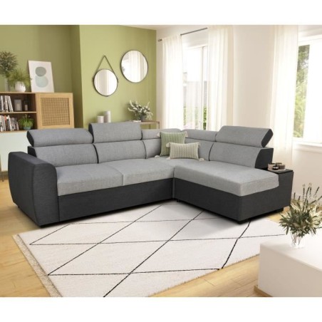 Canapé d'angle convertible réversible - 4/5 places - KELIO - Tissu Anthracite/Gris - 3 tétieres - 245 x 184 x 77/87 cm