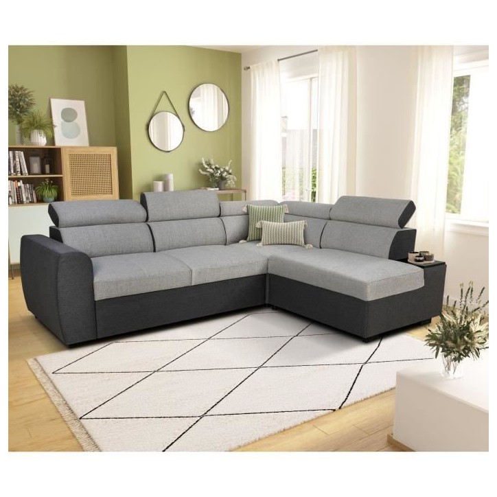 Canapé d'angle convertible réversible - 4/5 places - KELIO - Tissu Anthracite/Gris - 3 tétieres - 245 x 184 x 77/87 cm