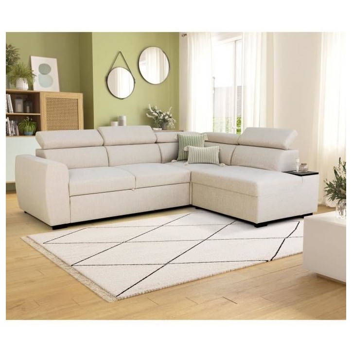 Canapé d'angle convertible réversible - 4/5 places - KELIO - Tissu Beige - 3 tétieres - 245 x 184 x 77/87 cm