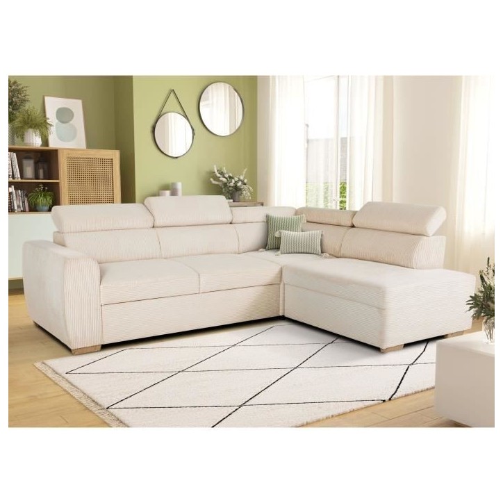 Canapé d'angle convertible réversible - 4/5 places - KELIO - Velours côtelé beige - 245 x 184 x 77/87cm Canapé d'angle convertible réversible - 4/5 places - KELIO - Velours côtelé beige - 245 x 184 x 77/87cm