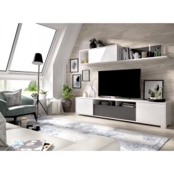 Composition de salon TV - KEN - Blanc Brillant / Graphite - Portes et