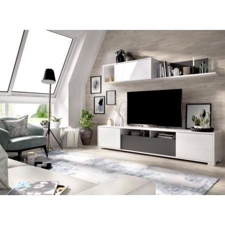 Composition de salon TV - KEN - Blanc Brillant / Graphite - Portes et