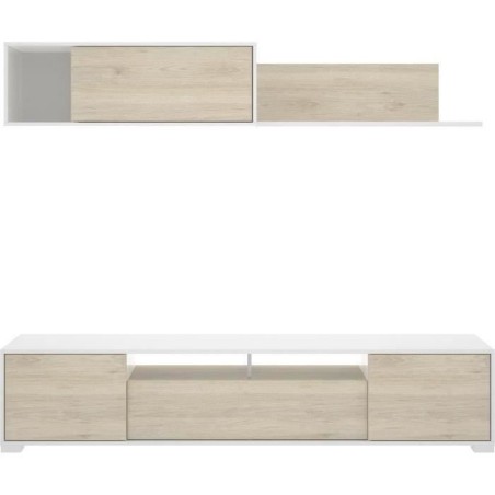 Composition de salon TV - KEN - Blanc Brillant / Chene - Portes et étagere - 200 x 41 x 180 cm