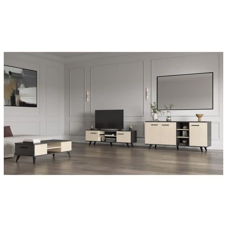 Ensemble salon - Banc TV, Table basse, Buffet bas - KENT - Chene de fil / Sidewalk - DEMEYERE Ensemble salon - Banc TV, Table basse, Buffet bas - KENT - Chene de fil / Sidewalk - DEMEYERE