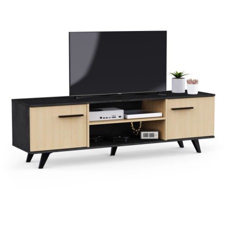 Banc TV - KENT - Chene de fil / Sidewalk - 2 portes ouvrantes - 2 niches - 151,4 x 39,3 x 46,2 cm - DEMEYERE