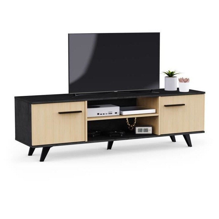 Banc TV - KENT - Chene de fil / Sidewalk - 2 portes ouvrantes - 2 niches - 151,4 x 39,3 x 46,2 cm - DEMEYERE