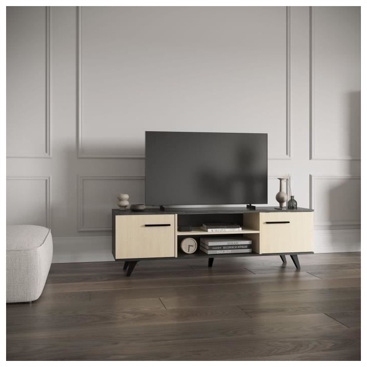 Banc TV - KENT - Chene de fil / Sidewalk - 2 portes ouvrantes - 2 niches - 151,4 x 39,3 x 46,2 cm - DEMEYERE