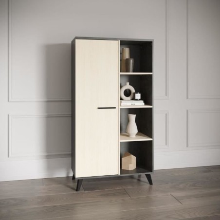 Buffet haut H 153,9 cm - KENT - Chene de fil / Sidewalk - 1 porte - 4 niches - DEMEYERE