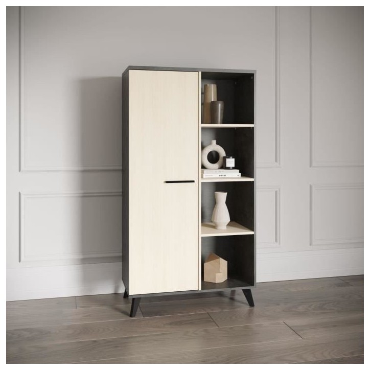 Buffet haut H 153,9 cm - KENT - Chene de fil / Sidewalk - 1 porte - 4 niches - DEMEYERE Buffet haut H 153,9 cm - KENT - Chene de fil / Sidewalk - 1 porte - 4 niches - DEMEYERE