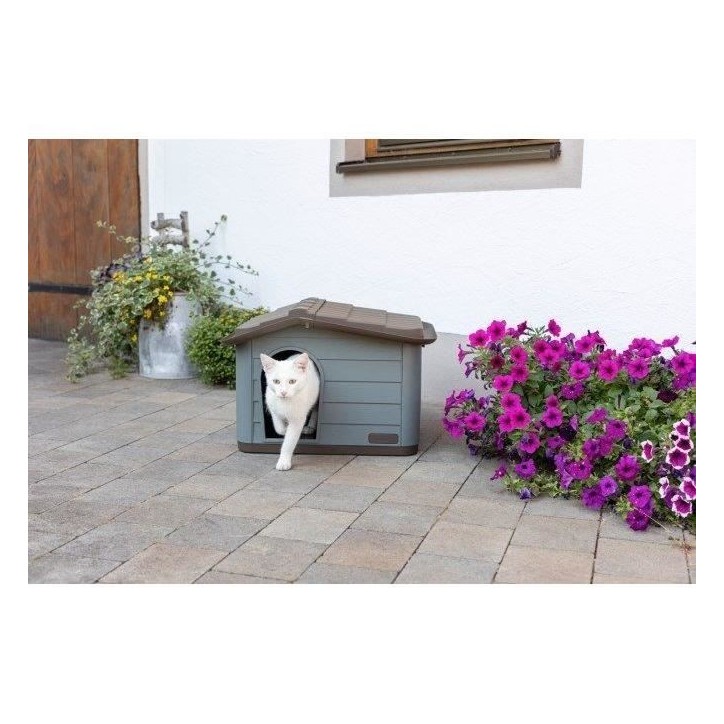 KERBL Niche extérieure en plastique pour chats ou chien Taille M - 75 x 59 x 55 cm- Gris et marron -