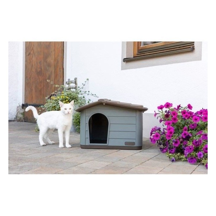 KERBL Niche extérieure en plastique pour chats ou chien Taille M - 75 x 59 x 55 cm- Gris et marron -