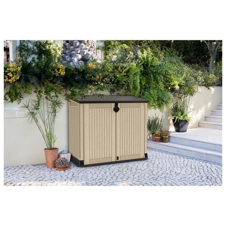 Coffre de rangement extérieur KETER en résine 880 litres Beige et marron- Malle de jardin sans vérins Coffre de rangement extérieur KETER en résine 880 litres Beige et marron- Malle de jardin sans vérins