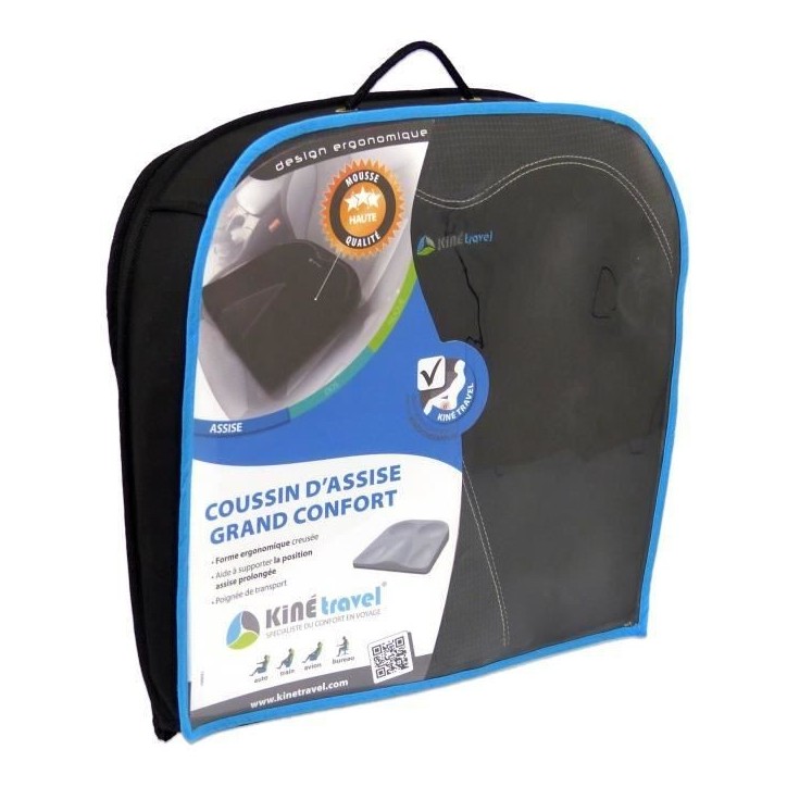Coussin d'assise grand confort en mousse - KINE TRAVEL - 41.5 x 40 x 9/2 cm - développés et testés par un kiné spécialiste