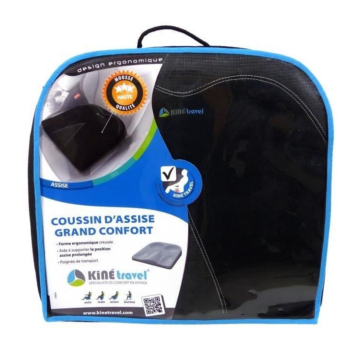 Coussin d'assise grand confort en mousse - KINE TRAVEL - 41.5 x 40 x 9/2 cm - développés et testés par un kiné spécialiste