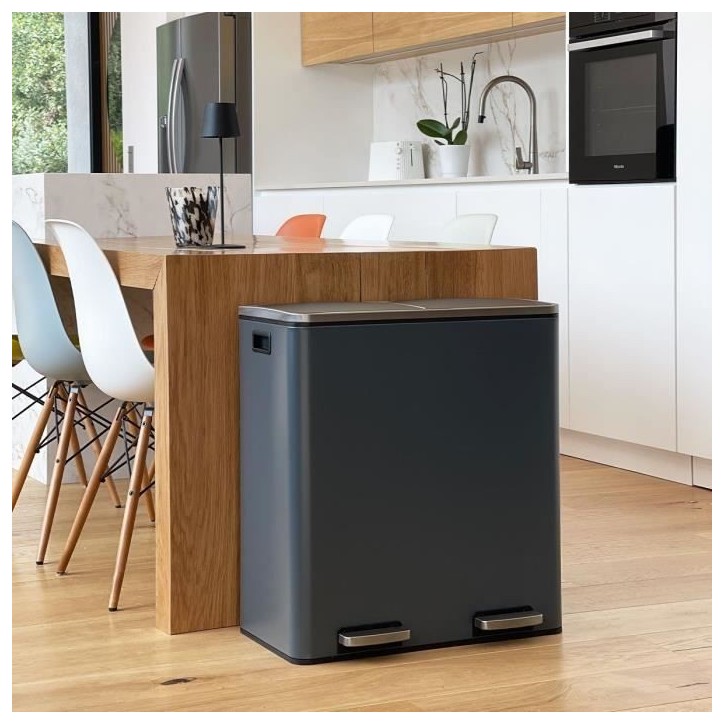 Poubelle de cuisine a pédale tri sélectif - MAJOR - KITCHEN MOVE - 60L (2x30L) - Acier inox - Gris mat Poubelle de cuisine a pédale tri sélectif - MAJOR - KITCHEN MOVE - 60L (2x30L) - Acier inox - Gris mat