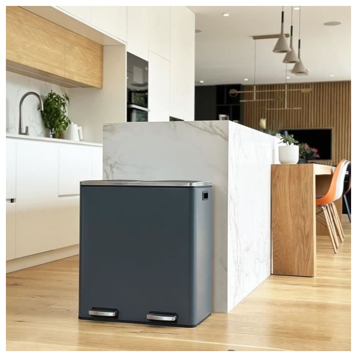 Poubelle de cuisine a pédale tri sélectif - MAJOR - KITCHEN MOVE - 60L (2x30L) - Acier inox - Gris mat Poubelle de cuisine a pédale tri sélectif - MAJOR - KITCHEN MOVE - 60L (2x30L) - Acier inox - Gris mat