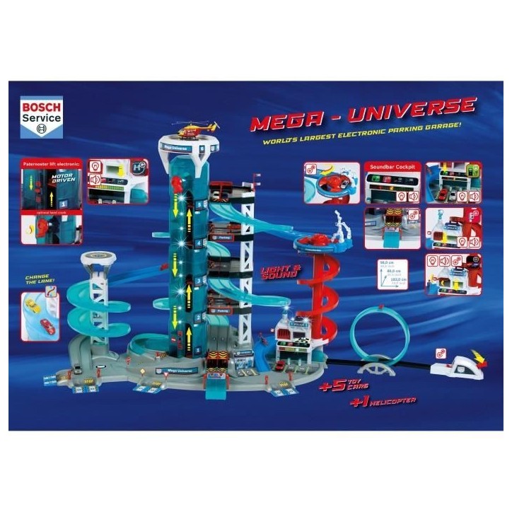 Jouet de garage - KLEIN - Garage Bosch Car Service Mega Universe - Comprend divers éléments de jeu et 5 véhicules.