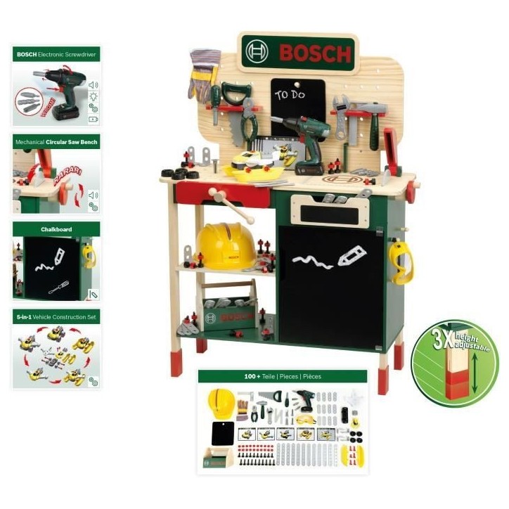 Grand établi Bosch - KLEIN - 8734 - Bois FSC - Avec visseuse électronique, caisse a outils, set de construction, etc. - Des 3 Grand établi Bosch - KLEIN - 8734 - Bois FSC - Avec visseuse électronique, caisse a outils, set de construction, etc. - Des 3