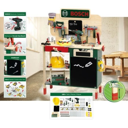 Grand établi Bosch - KLEIN - 8734 - Bois FSC - Avec visseuse électronique, caisse a outils, set de construction, etc. - Des 3