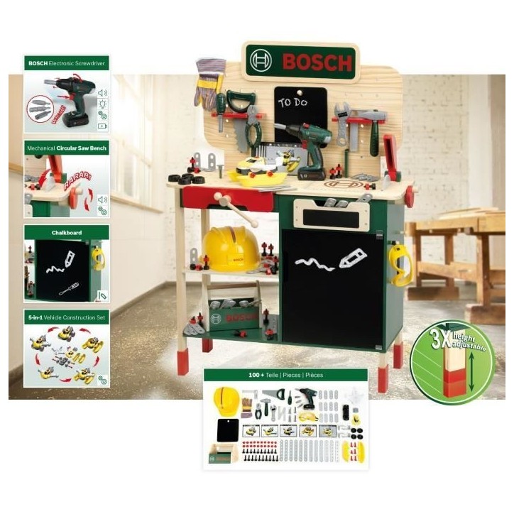Grand établi Bosch - KLEIN - 8734 - Bois FSC - Avec visseuse électronique, caisse a outils, set de construction, etc. - Des 3 Grand établi Bosch - KLEIN - 8734 - Bois FSC - Avec visseuse électronique, caisse a outils, set de construction, etc. - Des 3