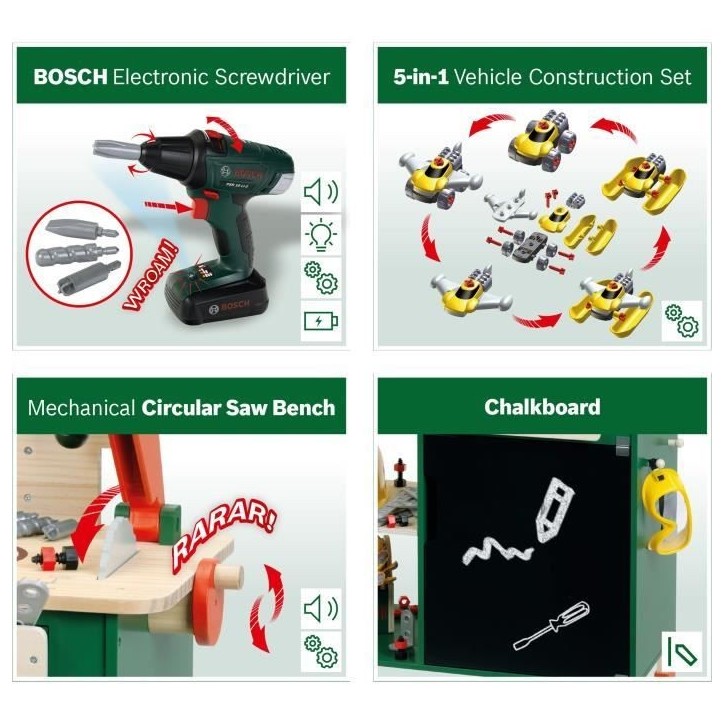 Grand établi Bosch - KLEIN - 8734 - Bois FSC - Avec visseuse électronique, caisse a outils, set de construction, etc. - Des 3 Grand établi Bosch - KLEIN - 8734 - Bois FSC - Avec visseuse électronique, caisse a outils, set de construction, etc. - Des 3